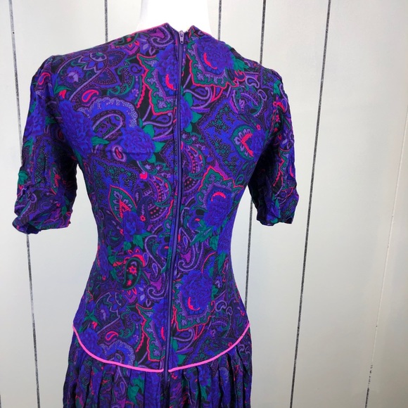 Vintage 1980s Purple Paisley Dress Sz 4 - Picture 2 of 16